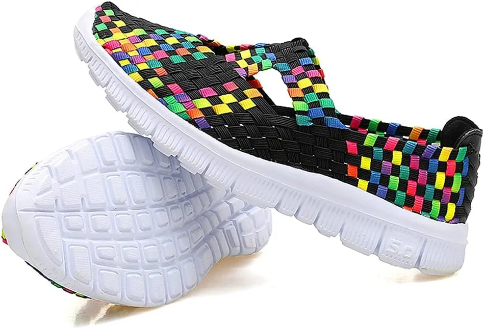JOYVIP Hand-Woven Walking Flats Summer Sandals for Women Elastic Slip On Shoes