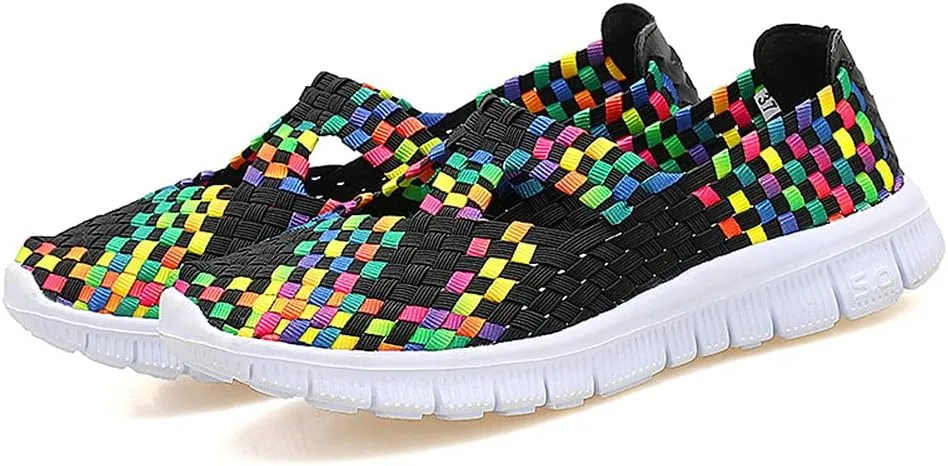 JOYVIP Hand-Woven Walking Flats Summer Sandals for Women Elastic Slip On Shoes