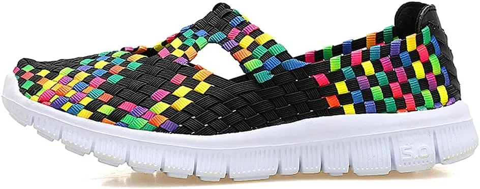 JOYVIP Hand-Woven Walking Flats Summer Sandals for Women Elastic Slip On Shoes