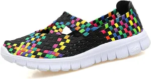 JOYVIP Hand-Woven Walking Flats Summer Sandals for Women Elastic Slip On Shoes