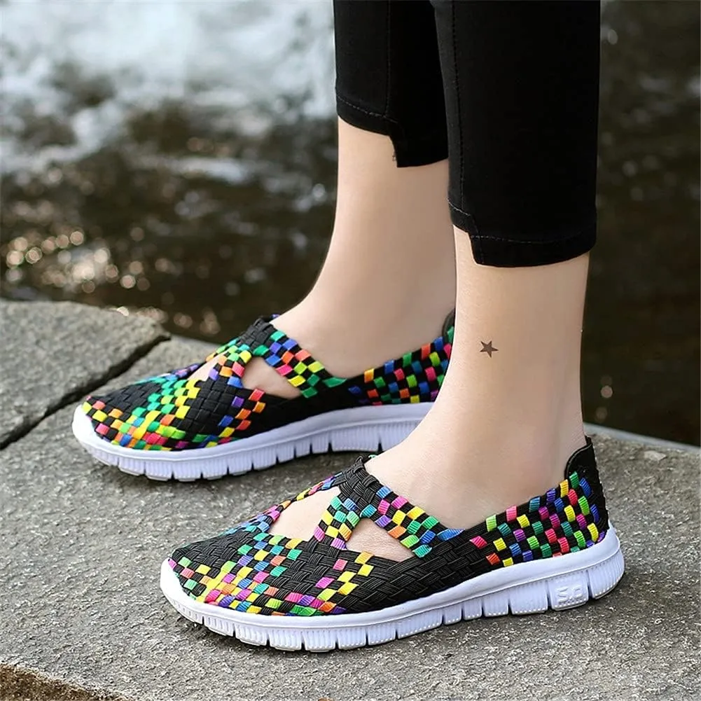 JOYVIP Hand-Woven Walking Flats Summer Sandals for Women Elastic Slip On Shoes