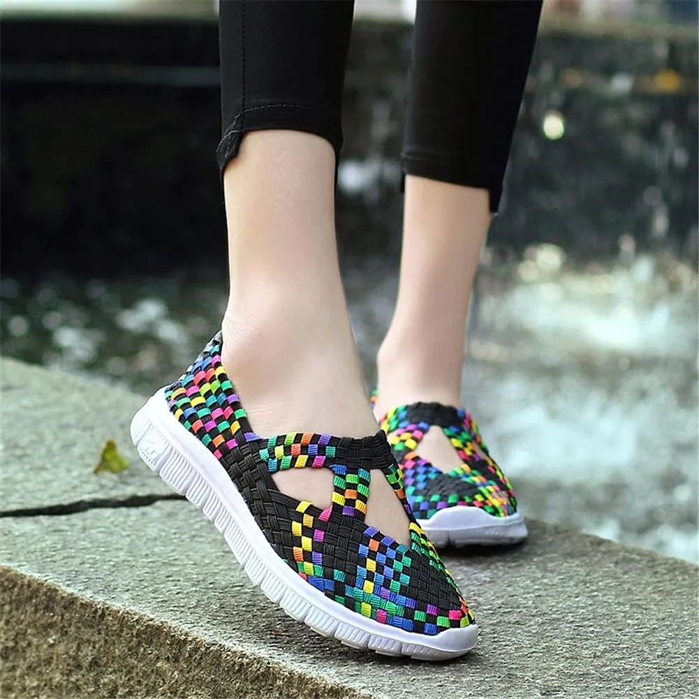 JOYVIP Hand-Woven Walking Flats Summer Sandals for Women Elastic Slip On Shoes
