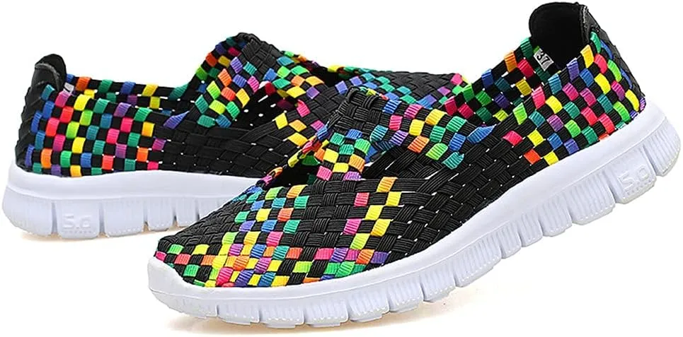 JOYVIP Hand-Woven Walking Flats Summer Sandals for Women Elastic Slip On Shoes