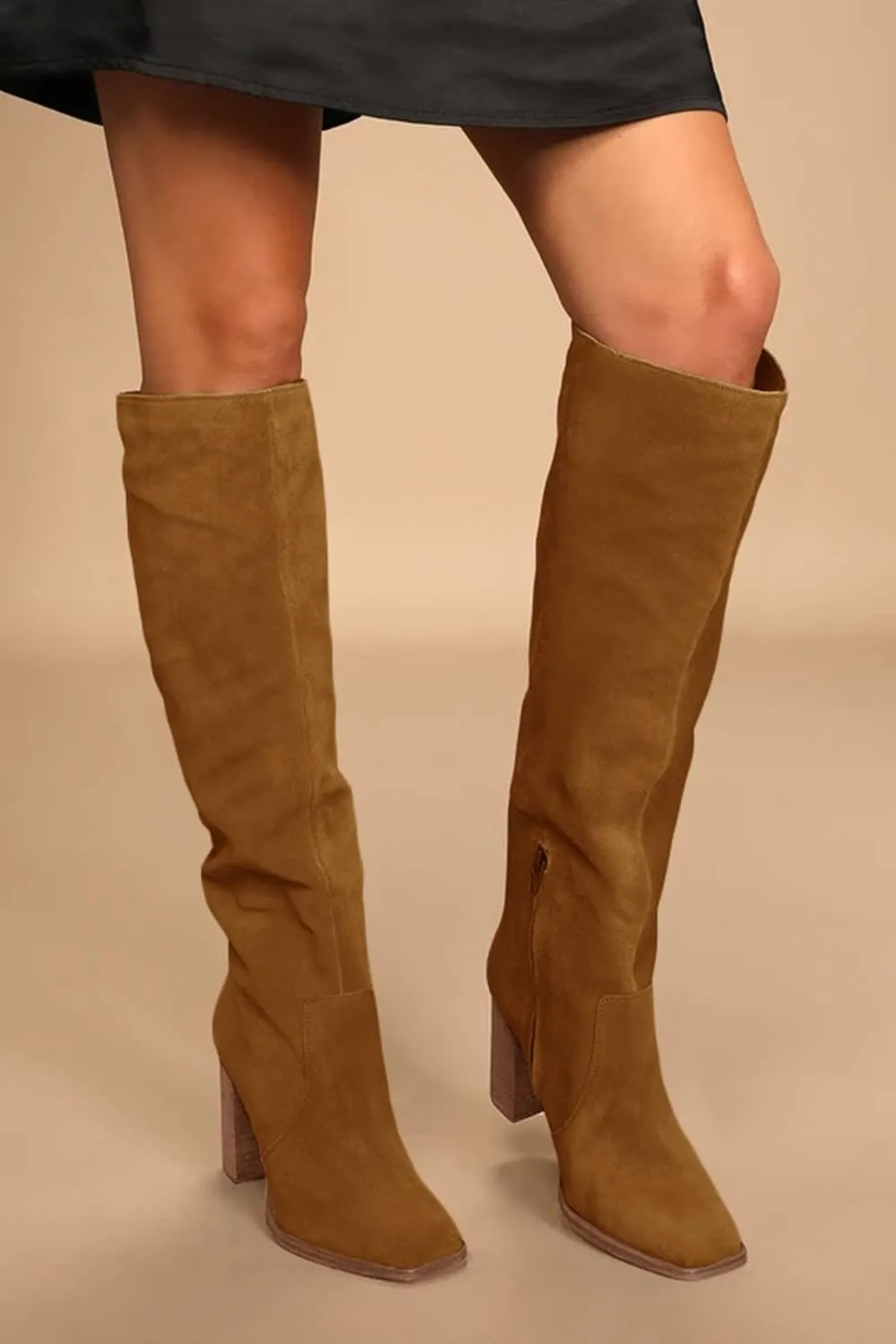 Juliet Holy Womens Knee High Boots Chunky High Heel Square Toe Side Zipper Wide Calf Boot