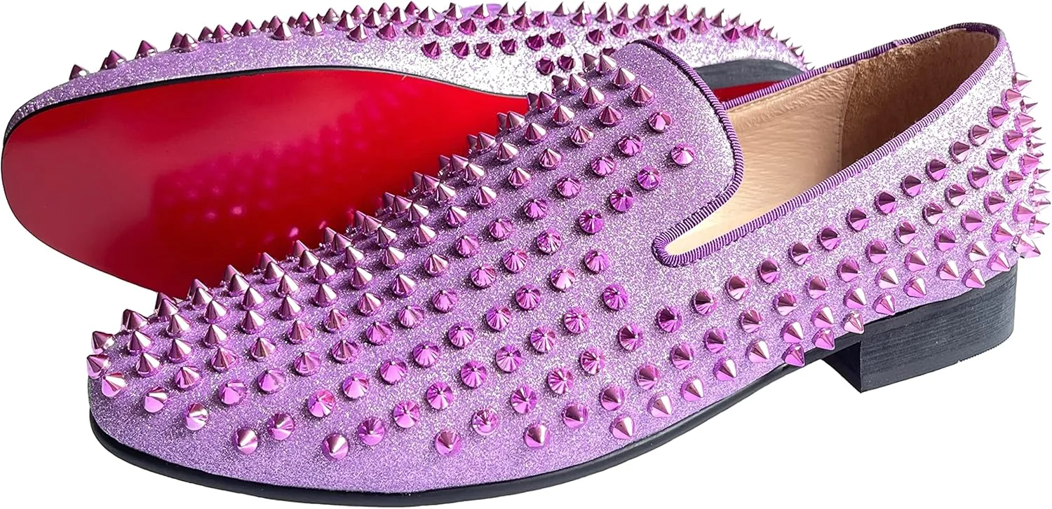 Justar Men's Leather Spikes Loafers Studded Dress Shoes Slip-on Flats Long Rivet Party Shoes