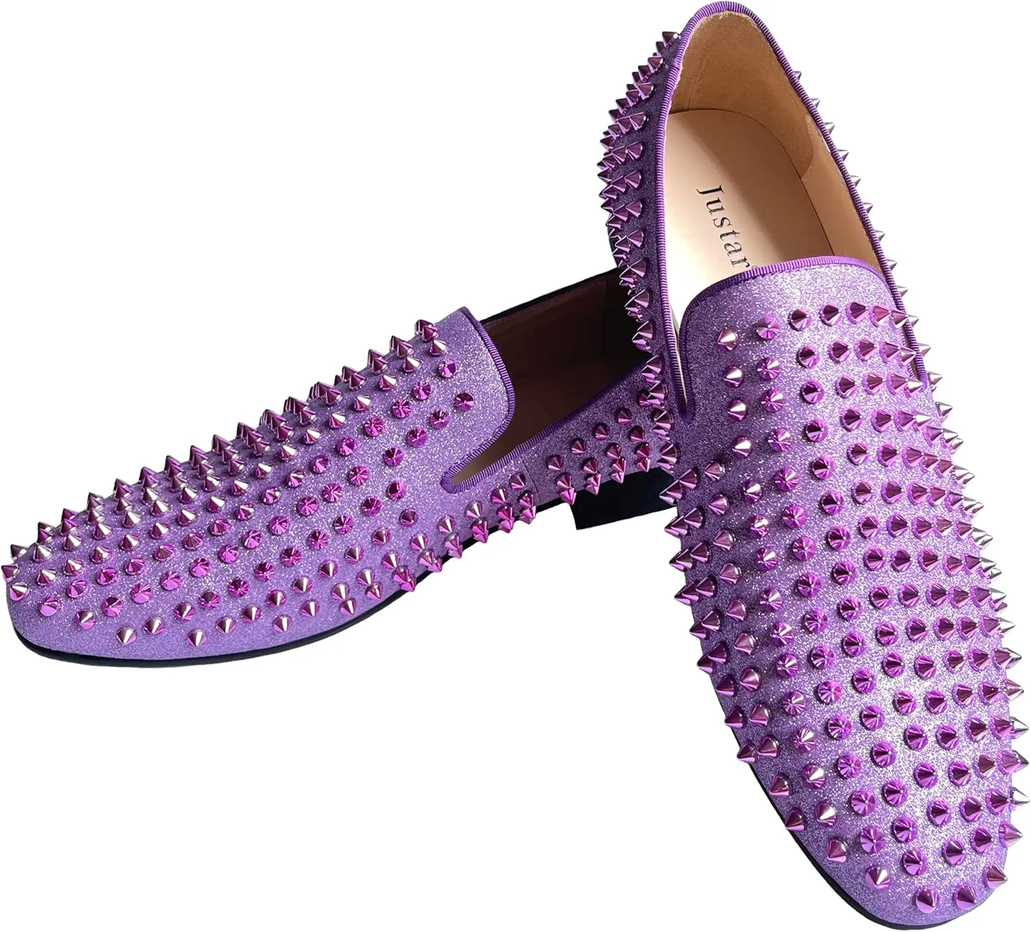 Justar Men's Leather Spikes Loafers Studded Dress Shoes Slip-on Flats Long Rivet Party Shoes