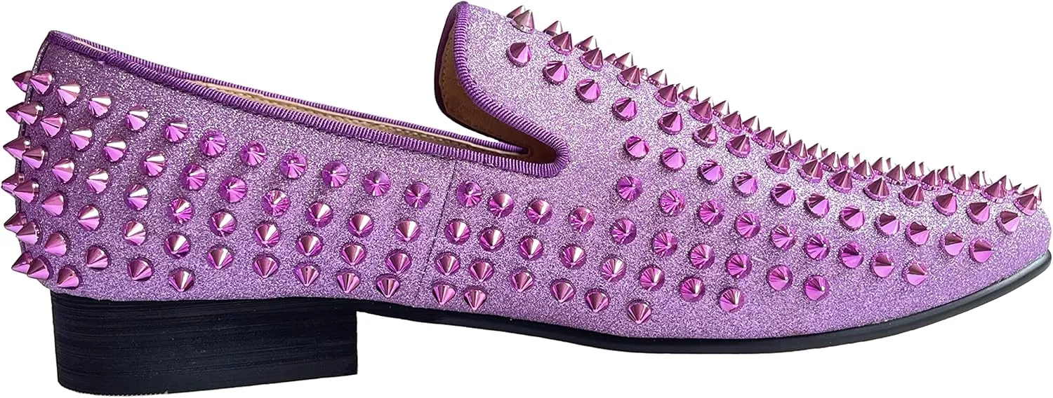 Justar Men's Leather Spikes Loafers Studded Dress Shoes Slip-on Flats Long Rivet Party Shoes