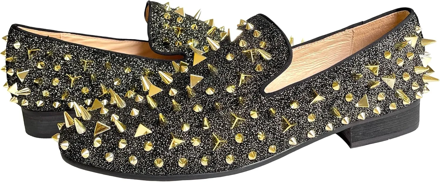 Justar Men's Leather Spikes Loafers Studded Dress Shoes Slip-on Flats Long Rivet Party Shoes