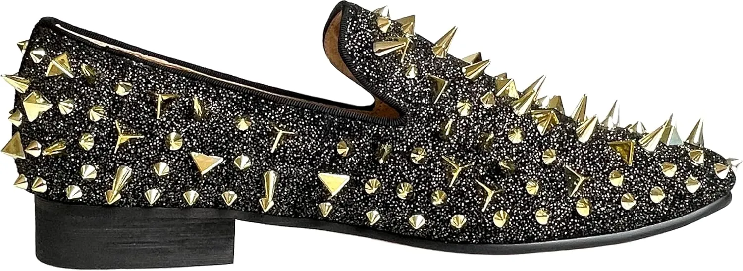 Justar Men's Leather Spikes Loafers Studded Dress Shoes Slip-on Flats Long Rivet Party Shoes