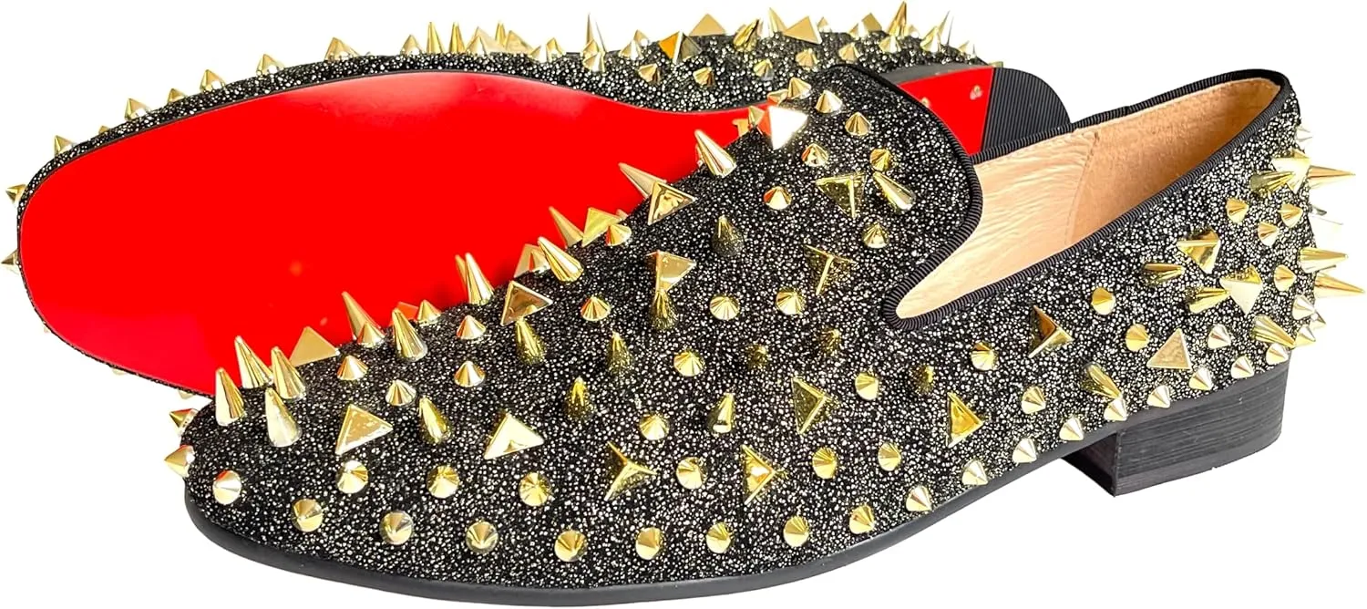 Justar Men's Leather Spikes Loafers Studded Dress Shoes Slip-on Flats Long Rivet Party Shoes