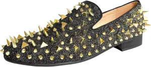 Justar Men's Leather Spikes Loafers Studded Dress Shoes Slip-on Flats Long Rivet Party Shoes