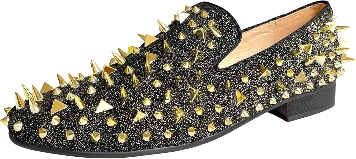 Justar Men's Leather Spikes Loafers Studded Dress Shoes Slip-on Flats Long Rivet Party Shoes