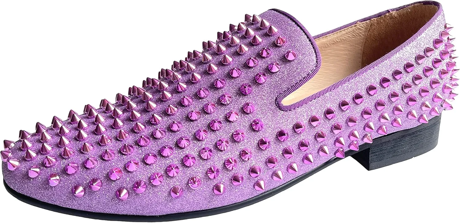 Justar Men's Leather Spikes Loafers Studded Dress Shoes Slip-on Flats Long Rivet Party Shoes