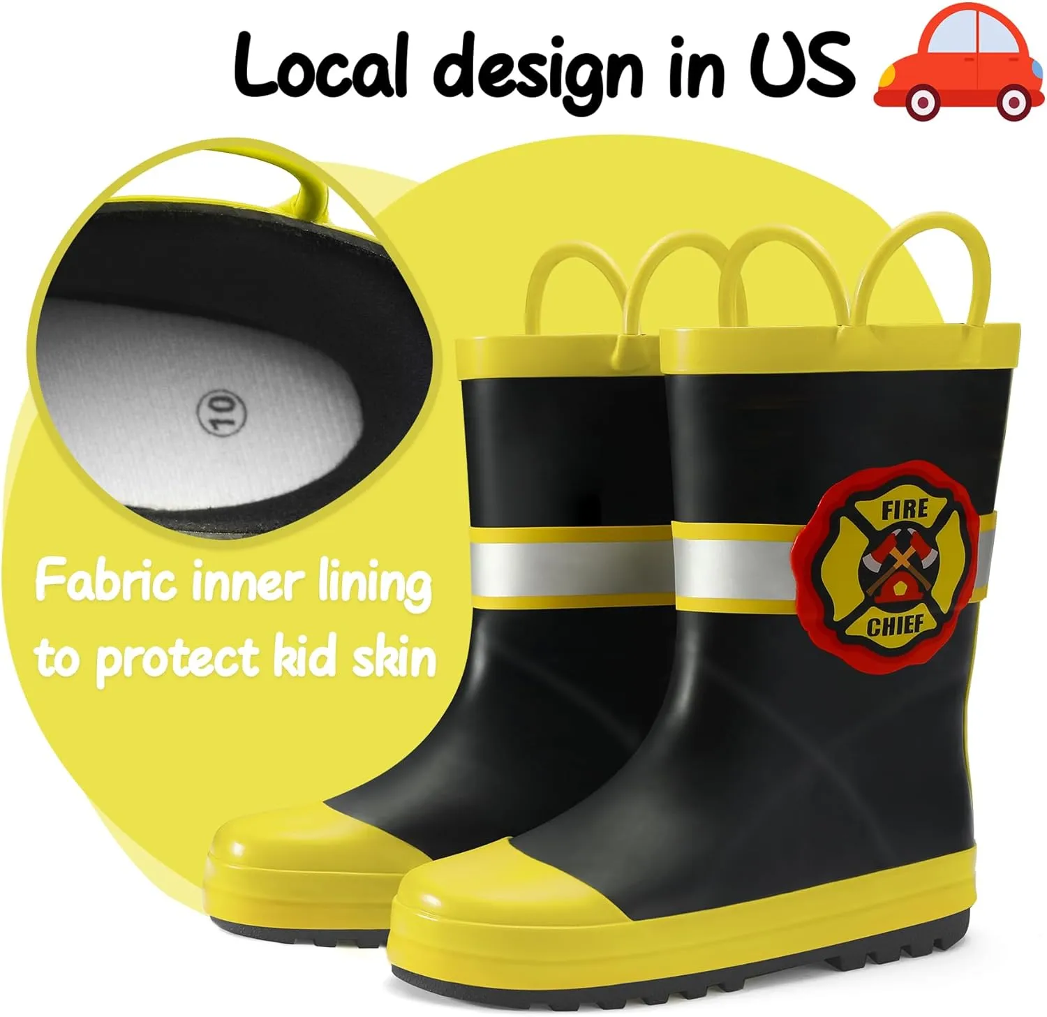 K KomForme Kids Rain Boots Waterproof Printed Rubber boots with Handles