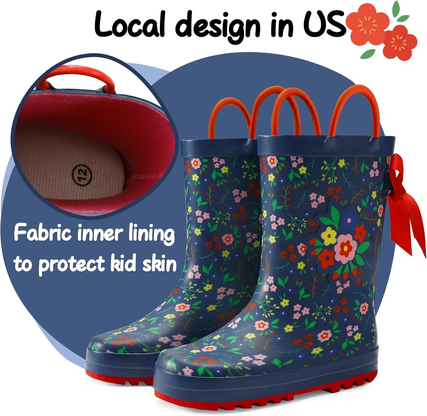 K KomForme Kids Rain Boots Waterproof Printed Rubber boots with Handles