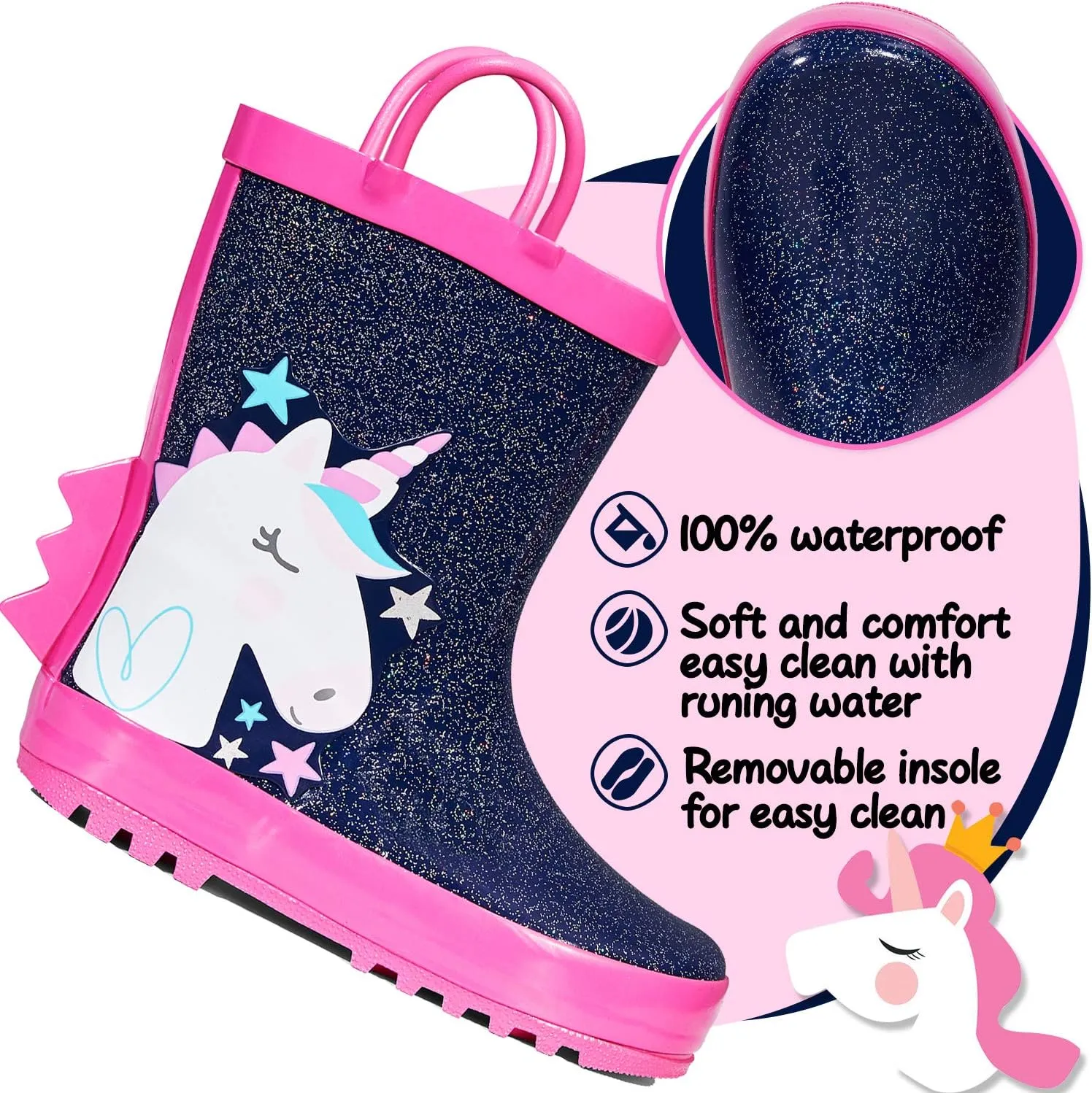 K KomForme Kids Rain Boots Waterproof Printed Rubber boots with Handles