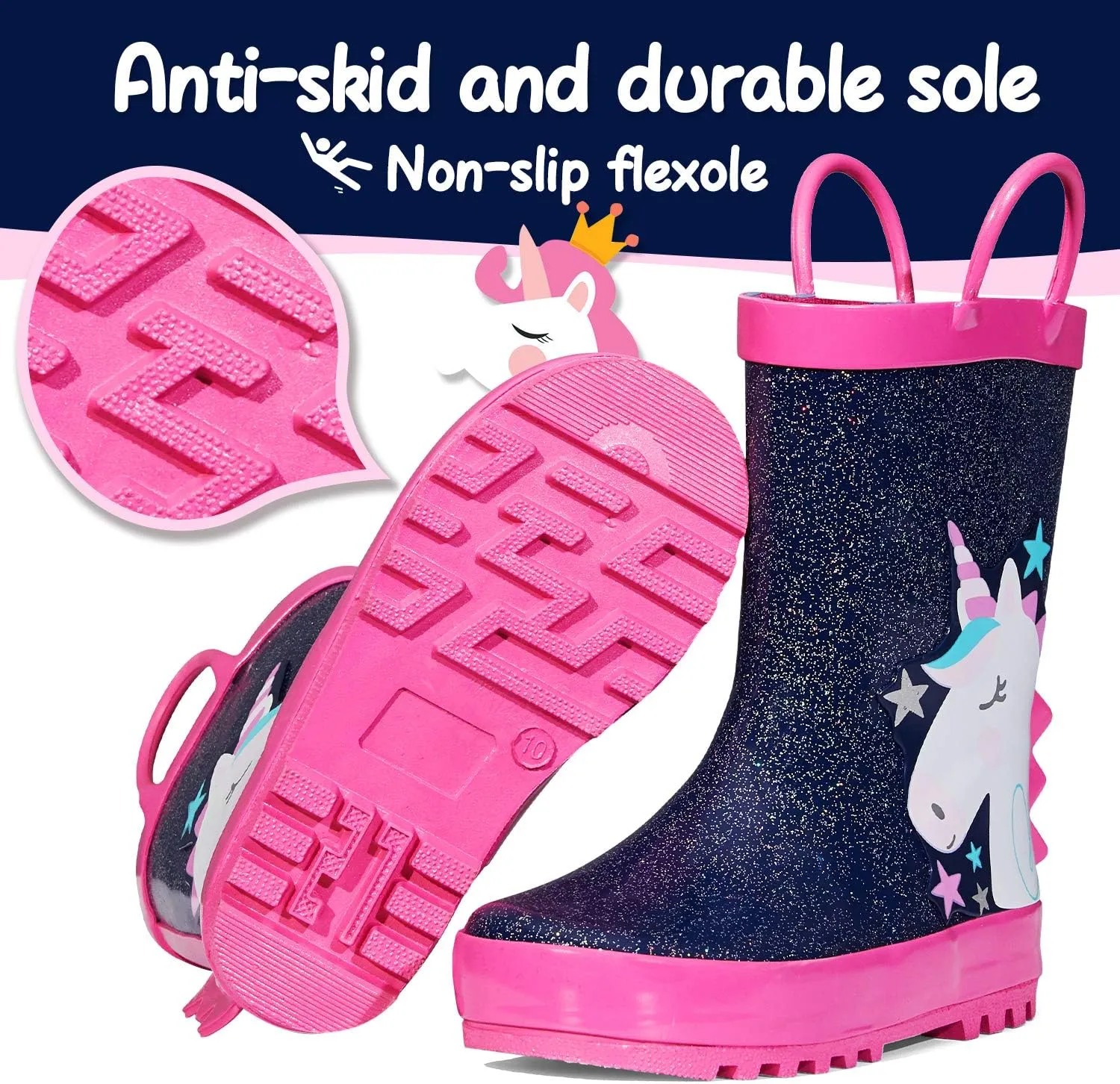 K KomForme Kids Rain Boots Waterproof Printed Rubber boots with Handles