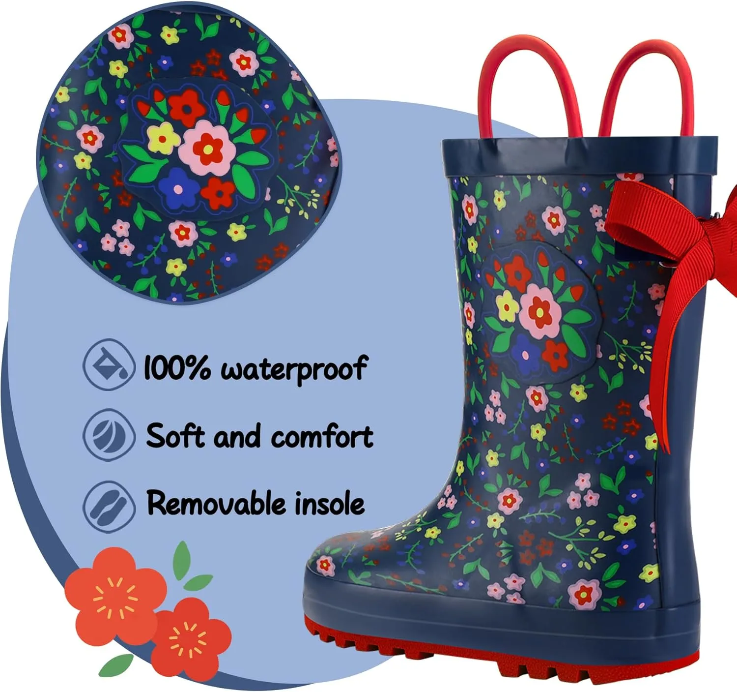 K KomForme Kids Rain Boots Waterproof Printed Rubber boots with Handles