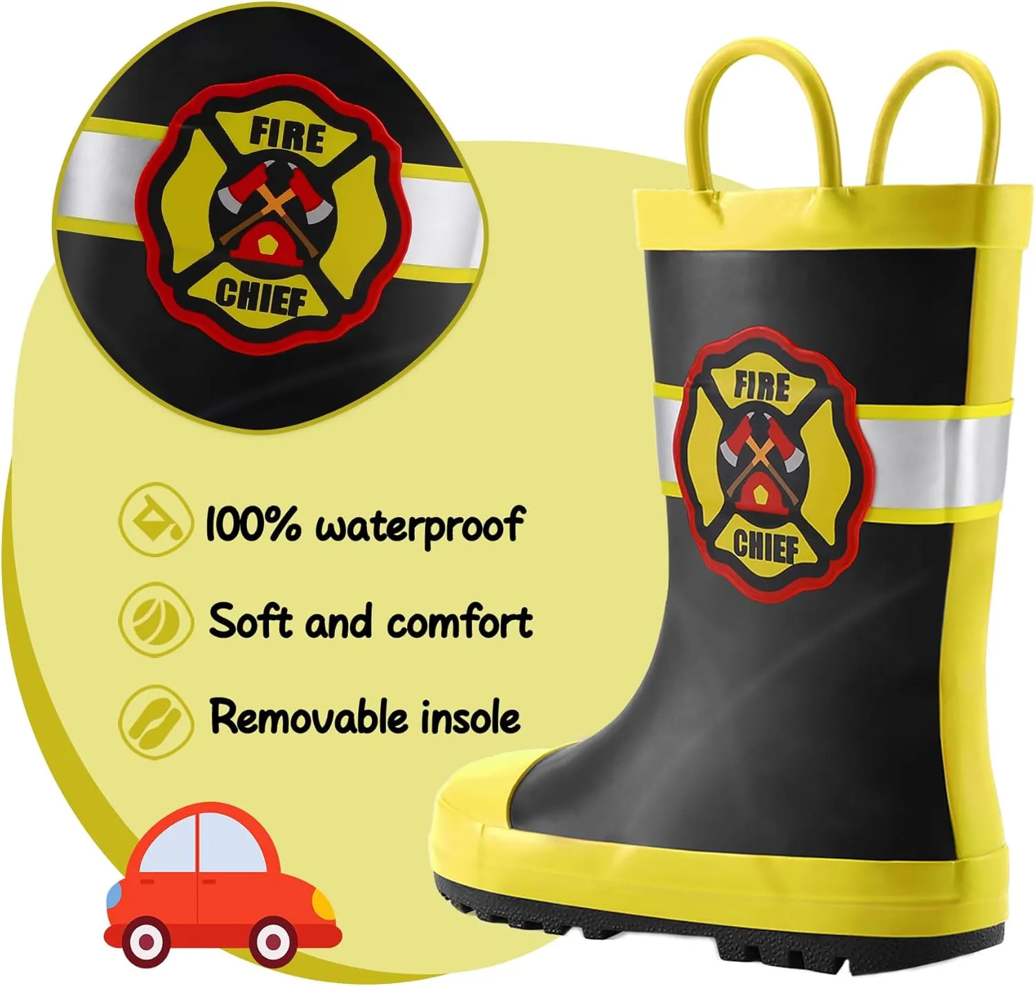 K KomForme Kids Rain Boots Waterproof Printed Rubber boots with Handles