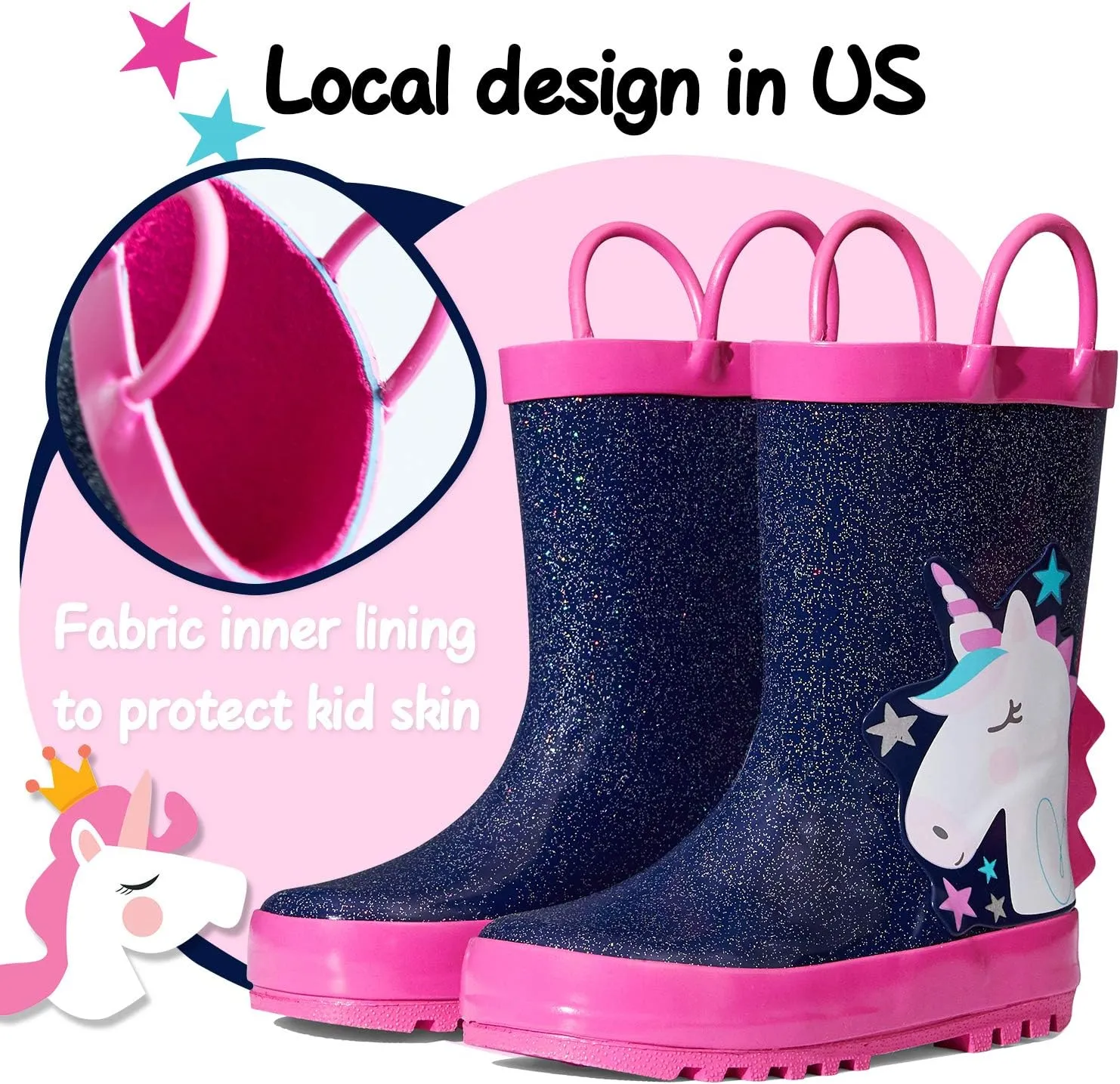 K KomForme Kids Rain Boots Waterproof Printed Rubber boots with Handles