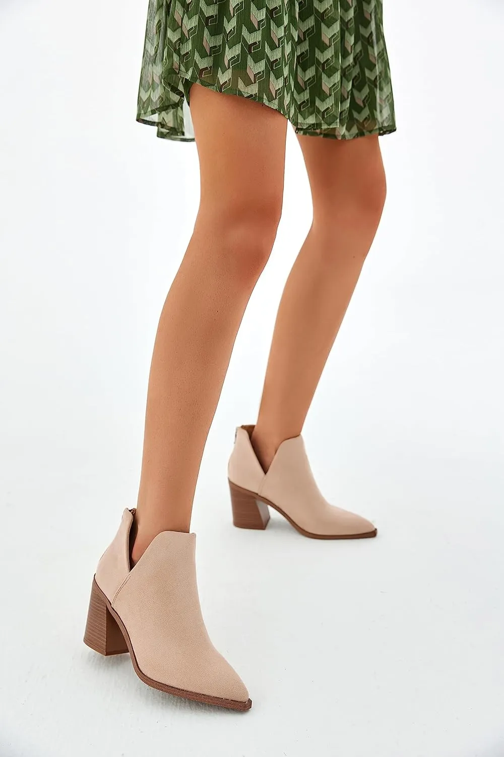 Kathemoi Womens Slip on Ankle Boots V Cutout Pointed Toe Chunky Stacked Mid Heel Booties