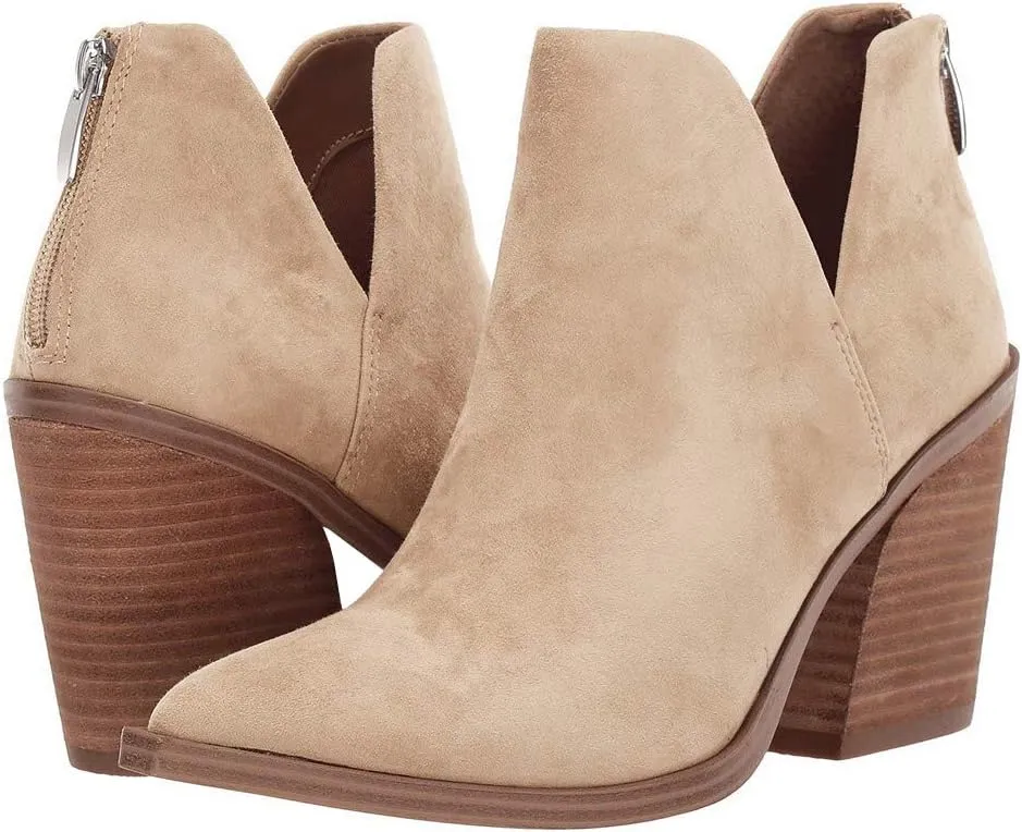 Kathemoi Womens Slip on Ankle Boots V Cutout Pointed Toe Chunky Stacked Mid Heel Booties