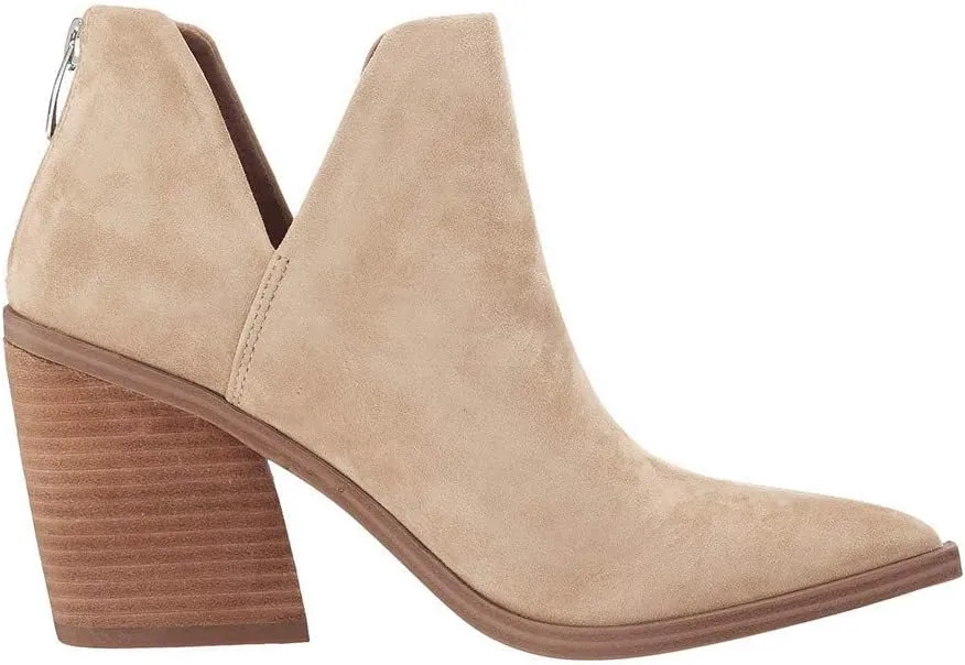 Kathemoi Womens Slip on Ankle Boots V Cutout Pointed Toe Chunky Stacked Mid Heel Booties