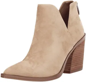 Kathemoi Womens Slip on Ankle Boots V Cutout Pointed Toe Chunky Stacked Mid Heel Booties