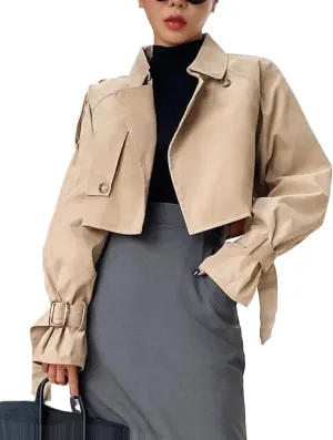 Kedera Women's Cropped Trench Coat Long Sleeve Casual Jacket Classic Double-Breasted Lapel Overcoat Fashion Outerwear