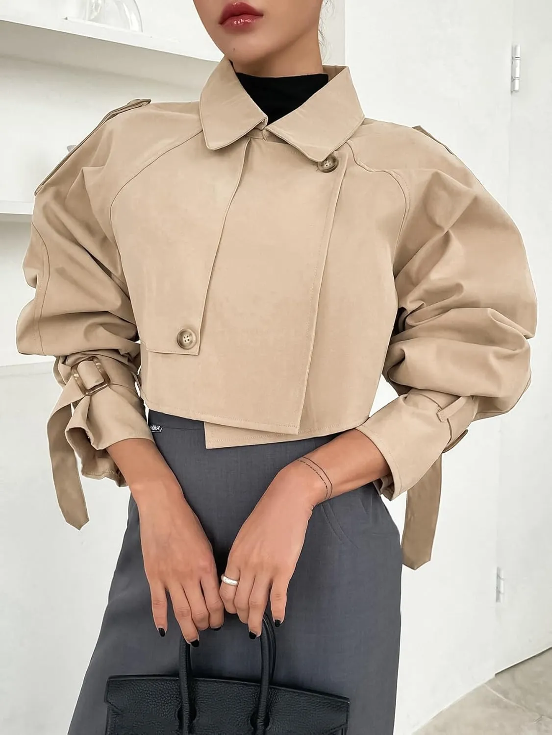 Kedera Women's Cropped Trench Coat Long Sleeve Casual Jacket Classic Double-Breasted Lapel Overcoat Fashion Outerwear