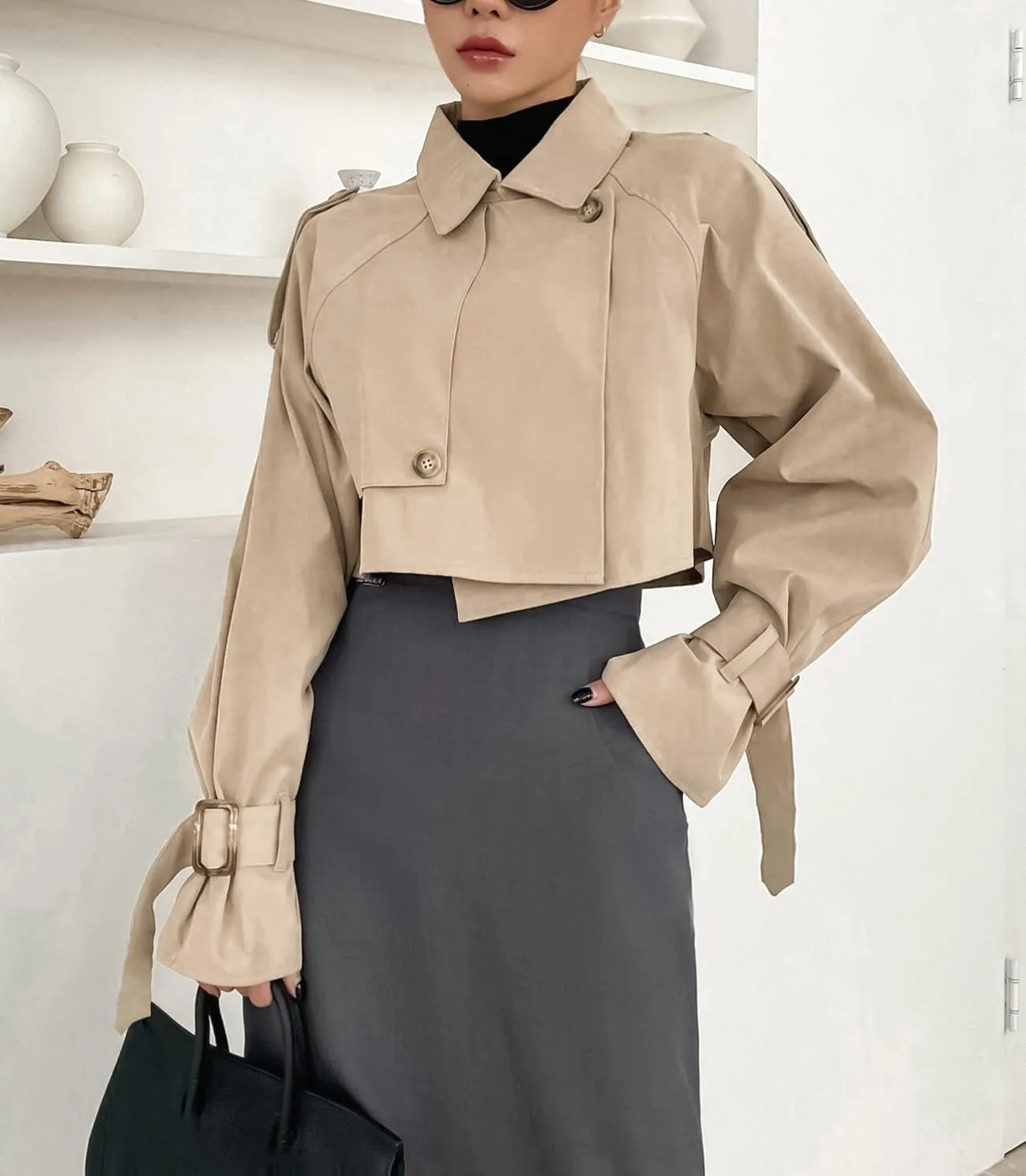 Kedera Women's Cropped Trench Coat Long Sleeve Casual Jacket Classic Double-Breasted Lapel Overcoat Fashion Outerwear