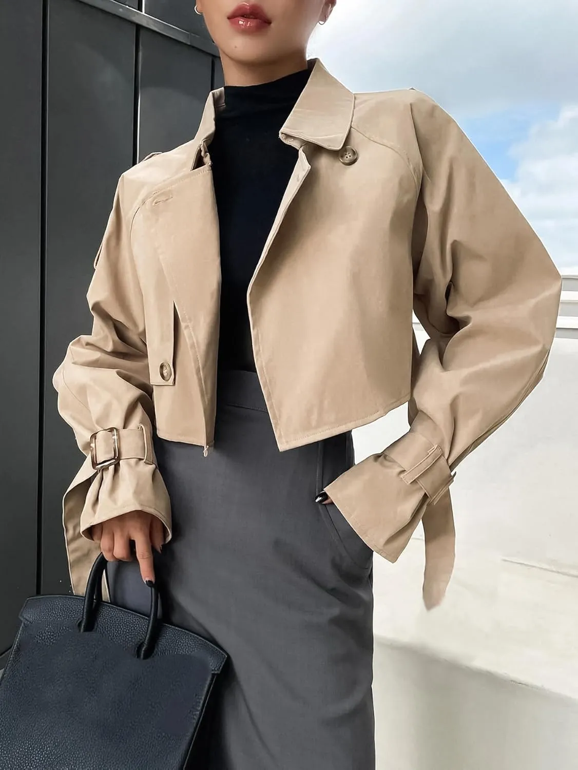 Kedera Women's Cropped Trench Coat Long Sleeve Casual Jacket Classic Double-Breasted Lapel Overcoat Fashion Outerwear