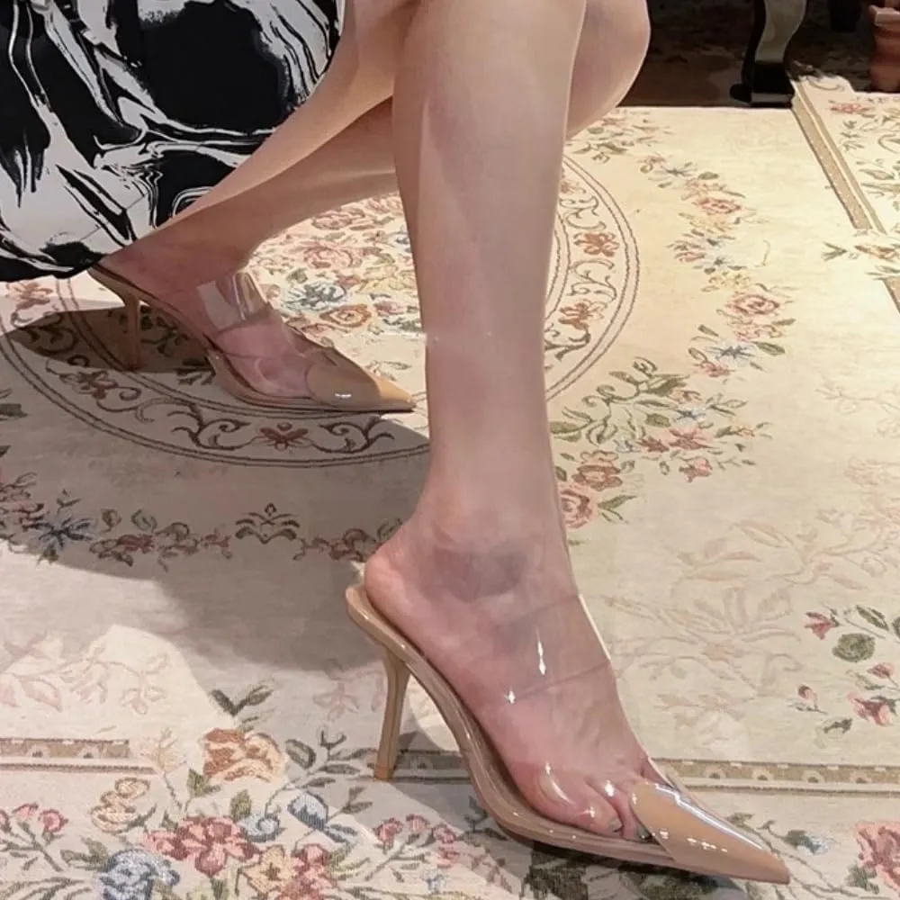 keleimusi Clear Heart Heeled Mules Transparent PVC Pointed Toe Mule Pumps Backless Slip On Clear Heeled Sandals Party Prom Dress High Heel Mules