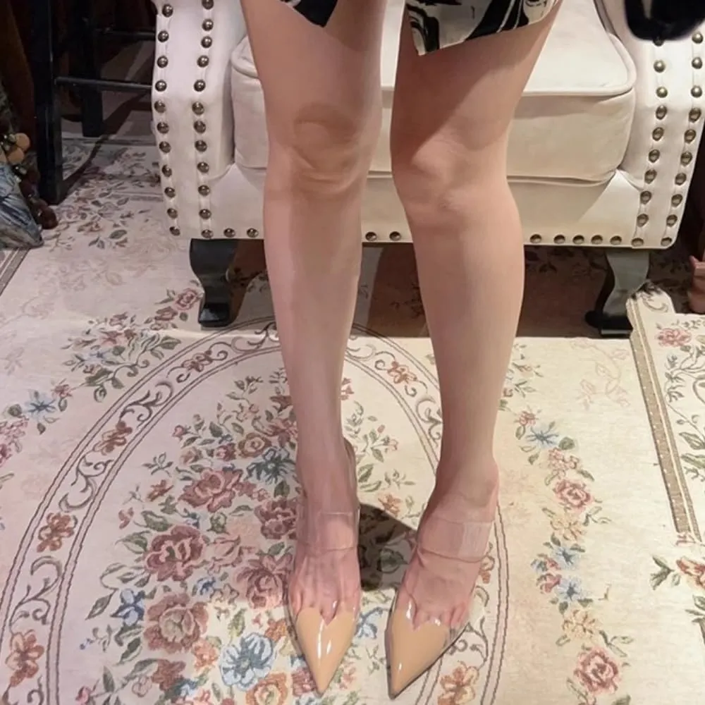 keleimusi Clear Heart Heeled Mules Transparent PVC Pointed Toe Mule Pumps Backless Slip On Clear Heeled Sandals Party Prom Dress High Heel Mules