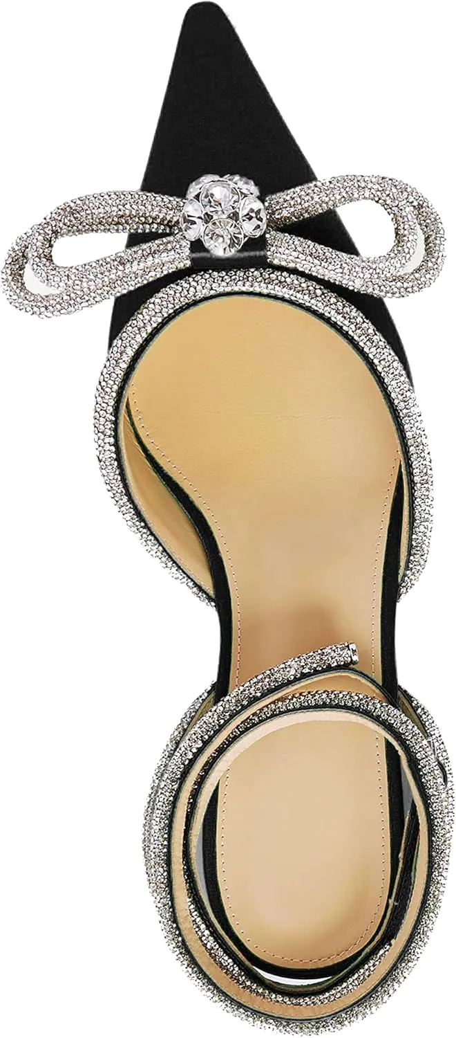 keleimusi Diamant Wrap Ankle Strap Flat Mules Crystal Bow Pointed Toe Comfort Satin Sandals