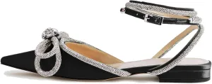 keleimusi Diamant Wrap Ankle Strap Flat Mules Crystal Bow Pointed Toe Comfort Satin Sandals