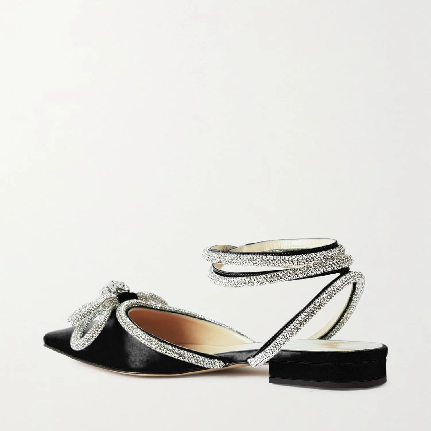 keleimusi Diamant Wrap Ankle Strap Flat Mules Crystal Bow Pointed Toe Comfort Satin Sandals