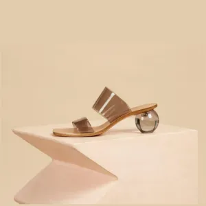 keleimusi Women's Acrylic Ball Slide Sandals with Two Clear Strap Vinyl Heels Mules