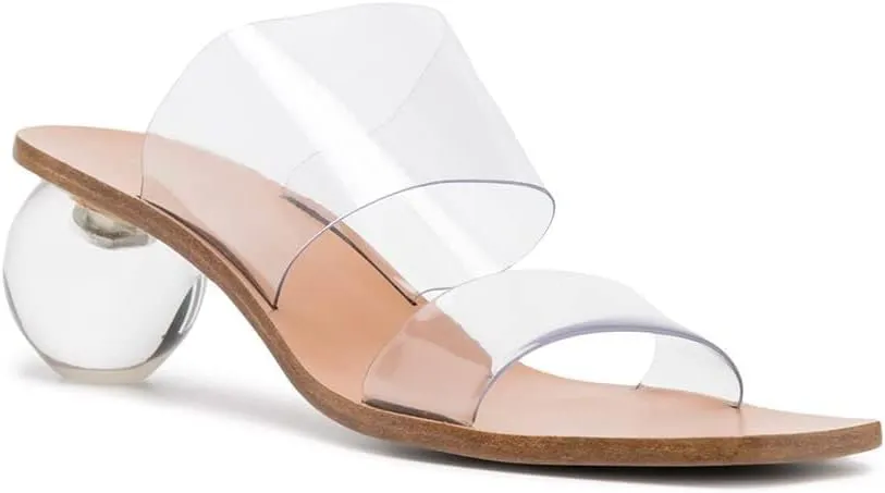 keleimusi Women's Acrylic Ball Slide Sandals with Two Clear Strap Vinyl Heels Mules