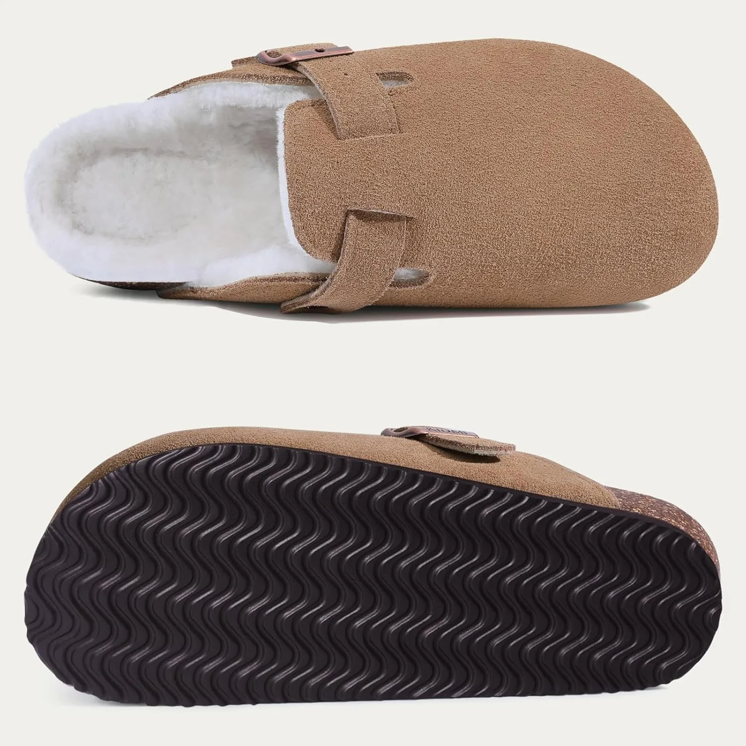 KIDMI Women's Fur Lined Suede Clogs Fuzzy Cork Footbed Mules Slip On Winter Potato Shoes