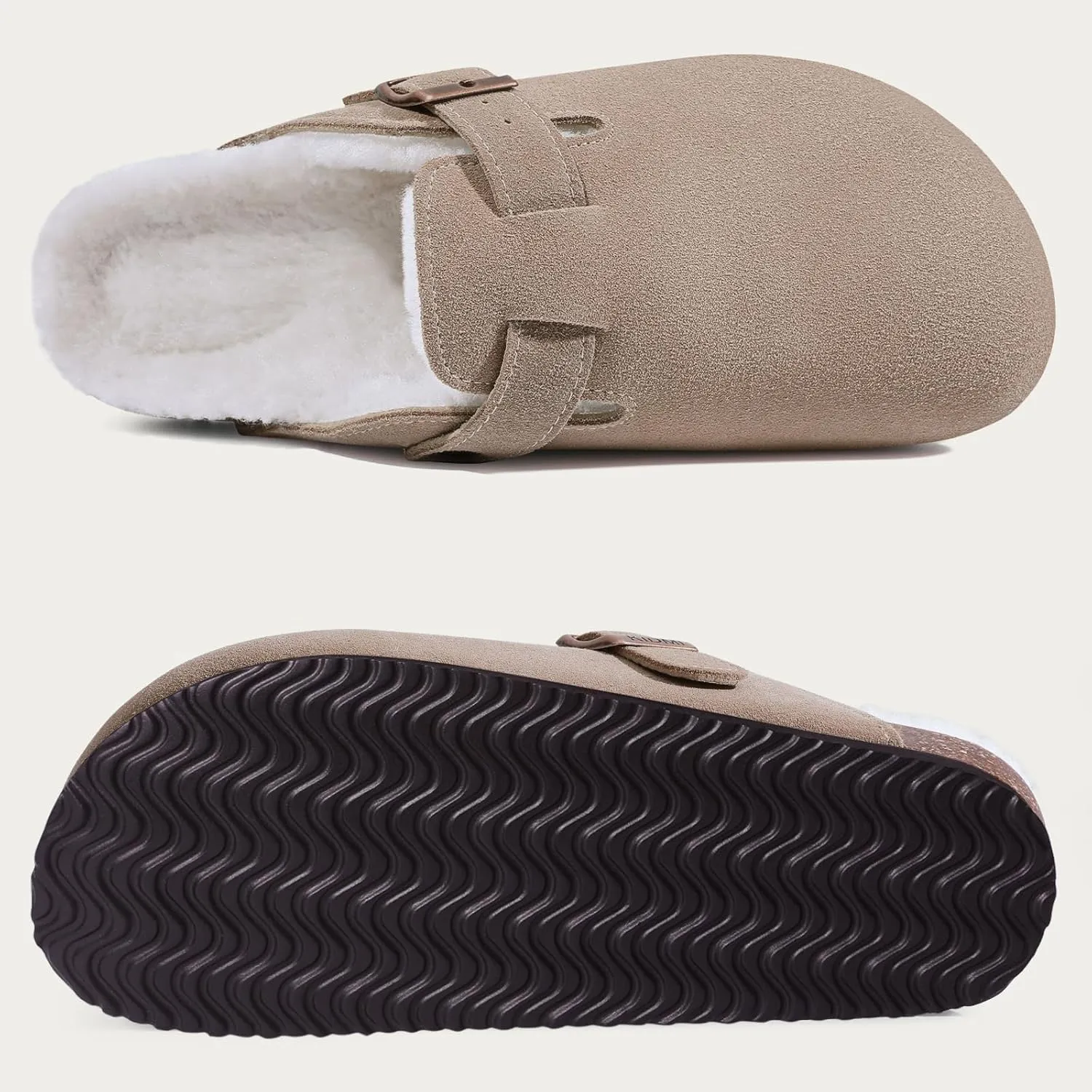 KIDMI Women's Fur Lined Suede Clogs Fuzzy Cork Footbed Mules Slip On Winter Potato Shoes