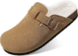 KIDMI Women's Fur Lined Suede Clogs Fuzzy Cork Footbed Mules Slip On Winter Potato Shoes