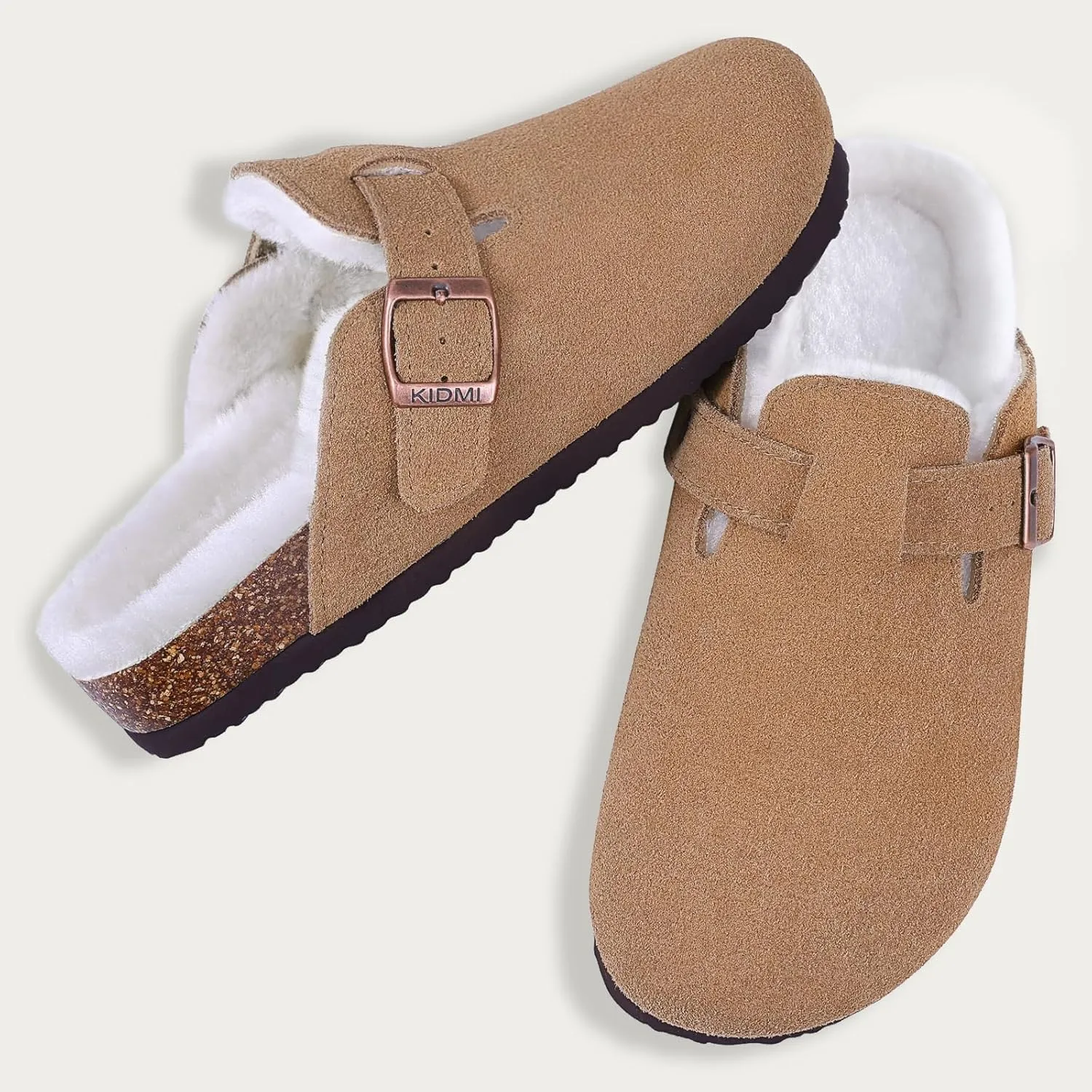 KIDMI Women's Fur Lined Suede Clogs Fuzzy Cork Footbed Mules Slip On Winter Potato Shoes