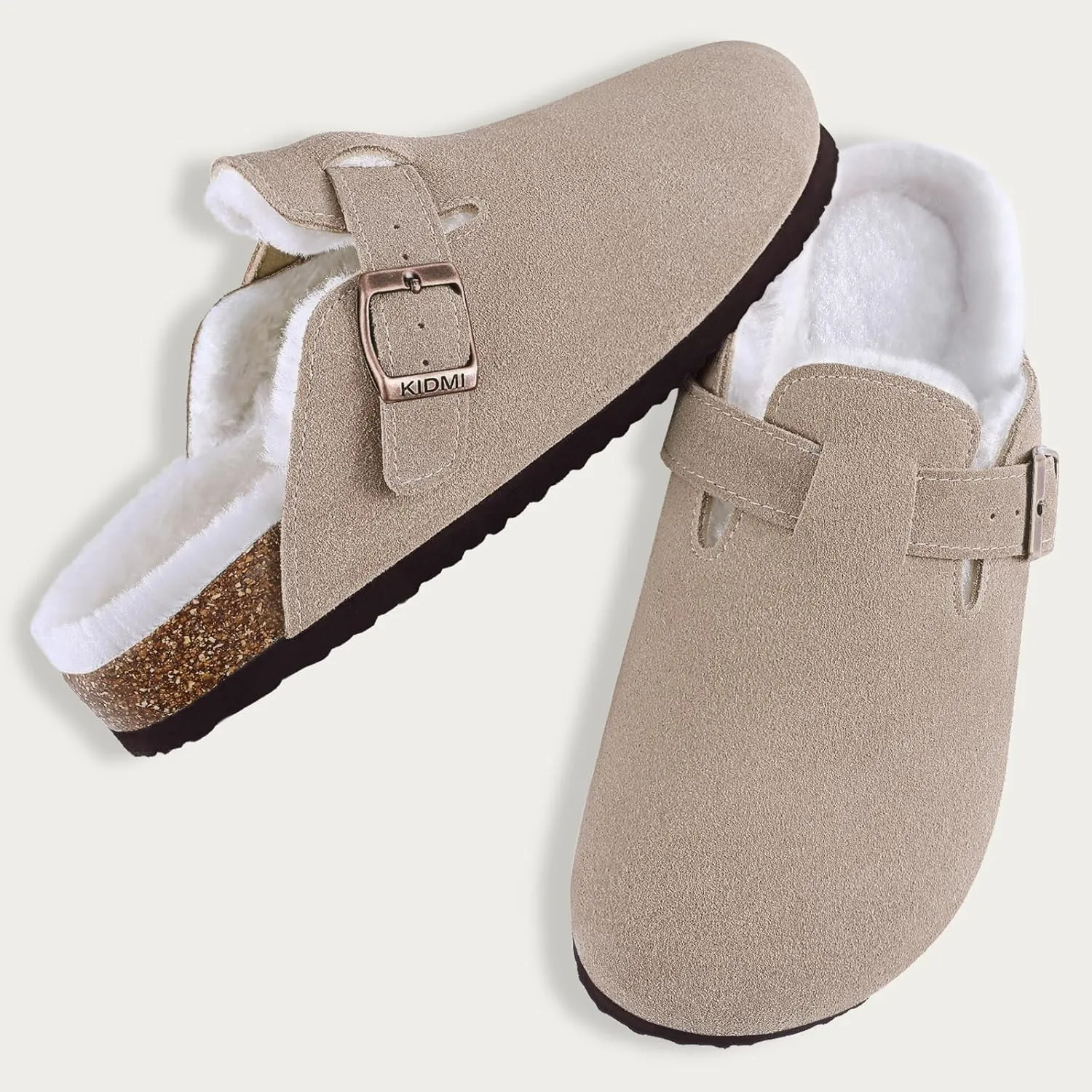 KIDMI Women's Fur Lined Suede Clogs Fuzzy Cork Footbed Mules Slip On Winter Potato Shoes