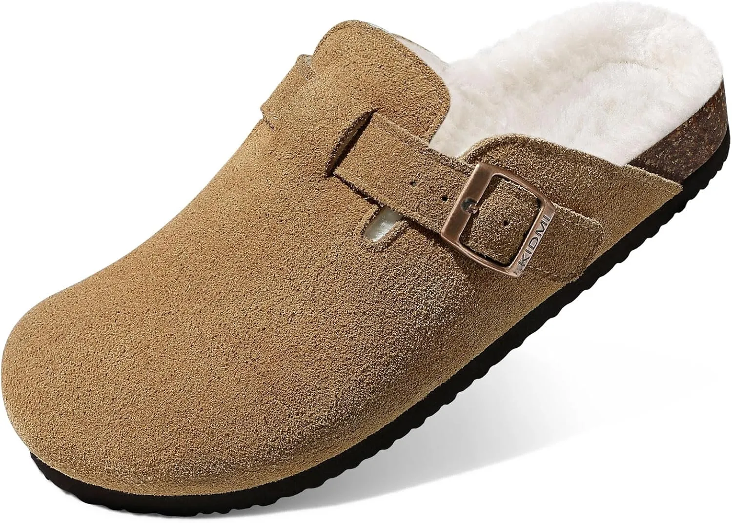 KIDMI Women's Fur Lined Suede Clogs Fuzzy Cork Footbed Mules Slip On Winter Potato Shoes
