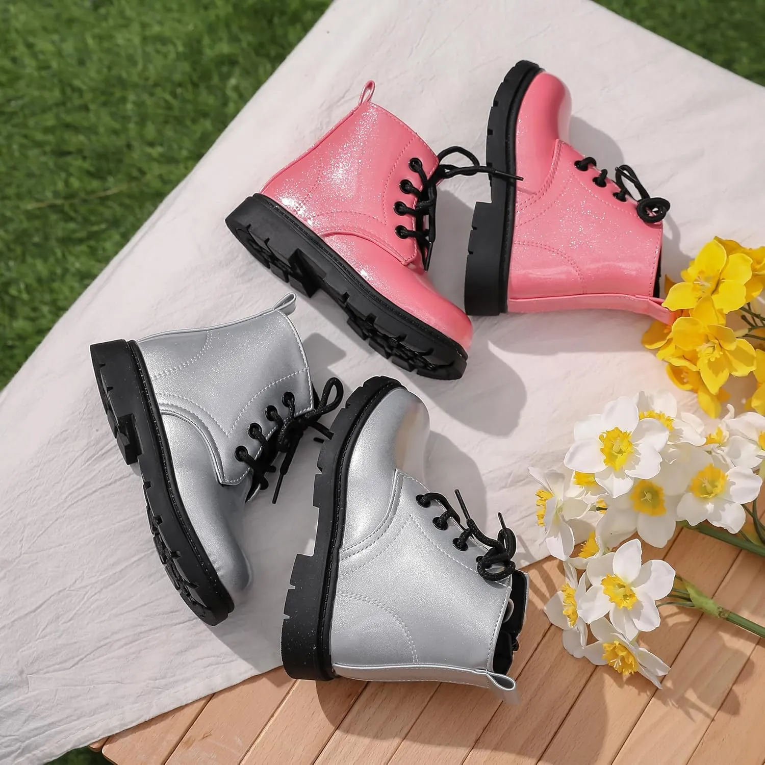 Kids Boots Boys Girls Bright Color Lace up Ankle Boots Side Zipper Boots