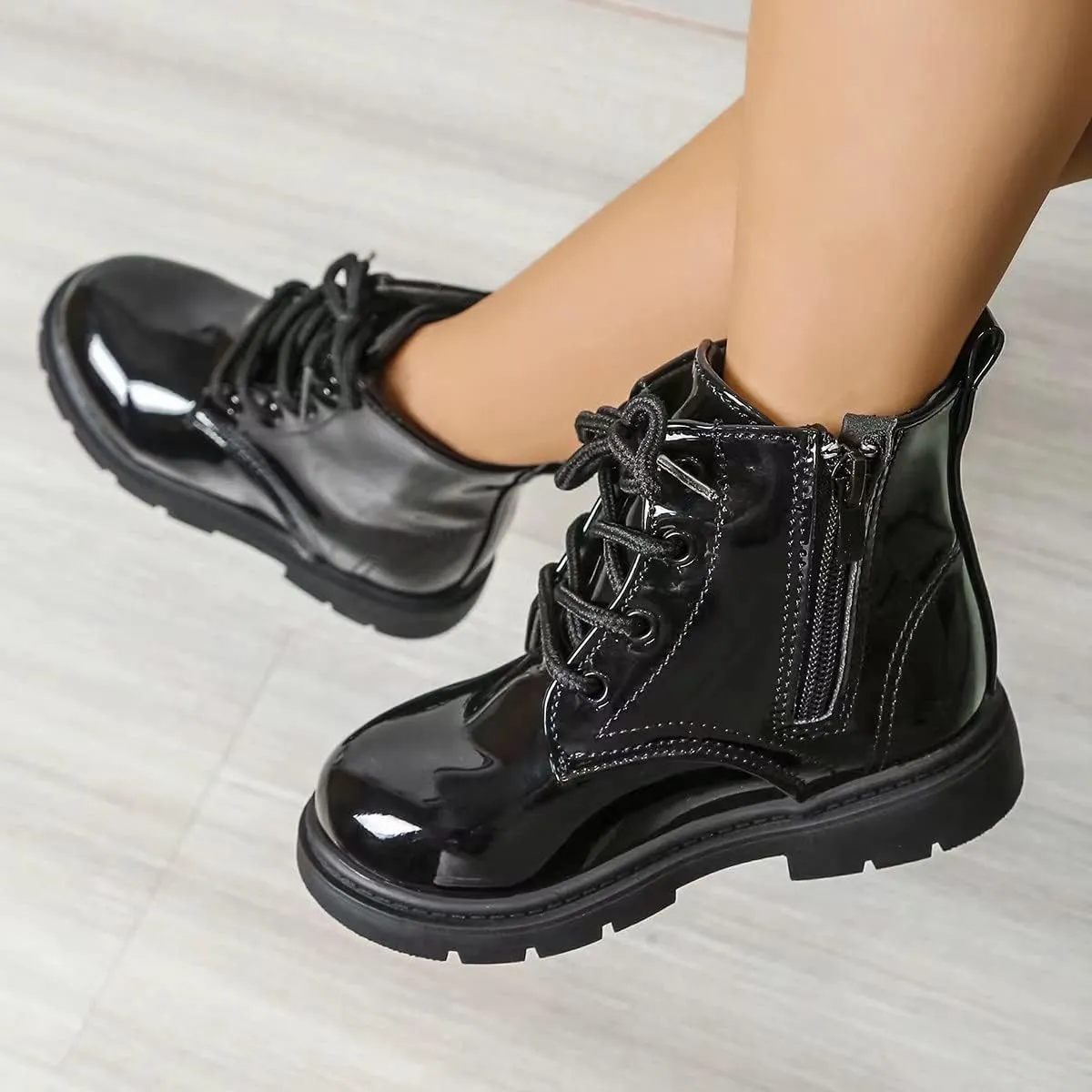 Kids Boots Boys Girls Bright Color Lace up Ankle Boots Side Zipper Boots