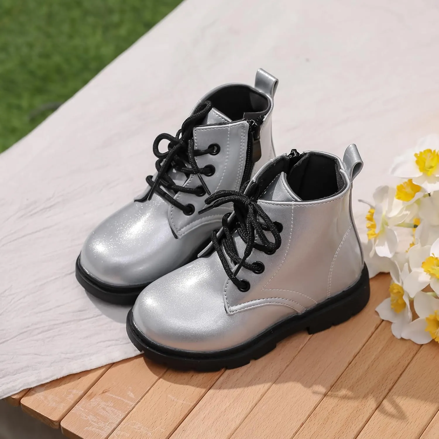 Kids Boots Boys Girls Bright Color Lace up Ankle Boots Side Zipper Boots