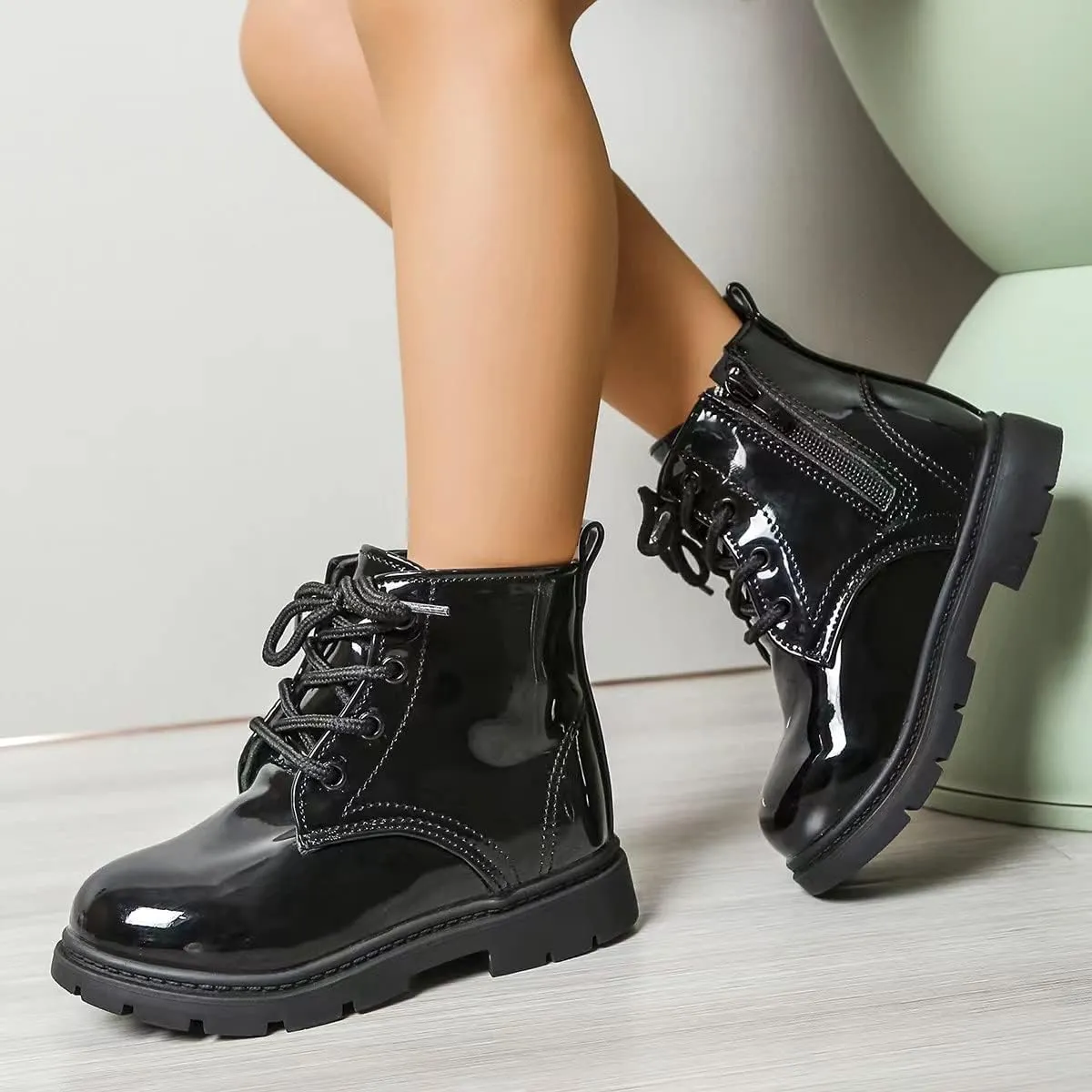 Kids Boots Boys Girls Bright Color Lace up Ankle Boots Side Zipper Boots
