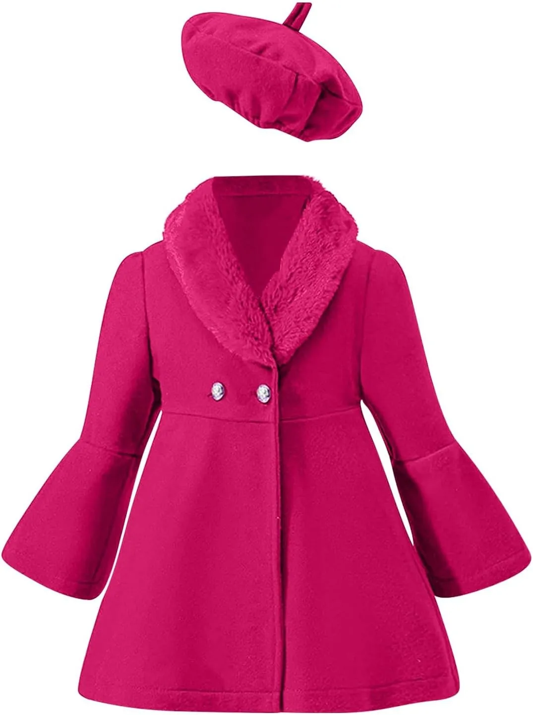 Kids Girls Fall Winter Dress Coat Long Sleeve Solid Color Wool Collar Trench Coat Warm (Hot Pink, 5-6 Years)
